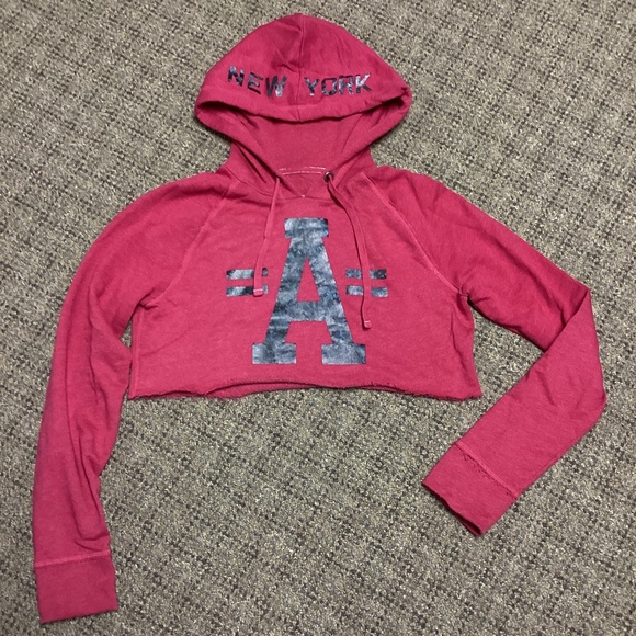 Aeropostale Berry Colored Raw Edge Crop Hoodie Sweatshirt * Size Medium - Picture 1 of 9